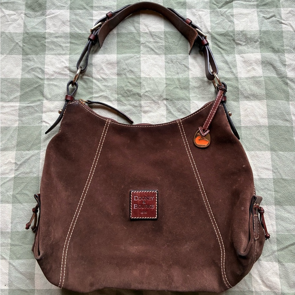 VTG Dooney & Bourke “East West” Brown Suede Shoulder Bag Hobo Medium Boho - Picture 2 of 13